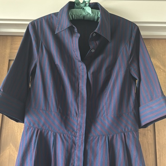 XANDER Midi Shirt Dress Womens 10 Navy/Maroon Pleated skirt Cotton Preppy Retro - Picture 3 of 9